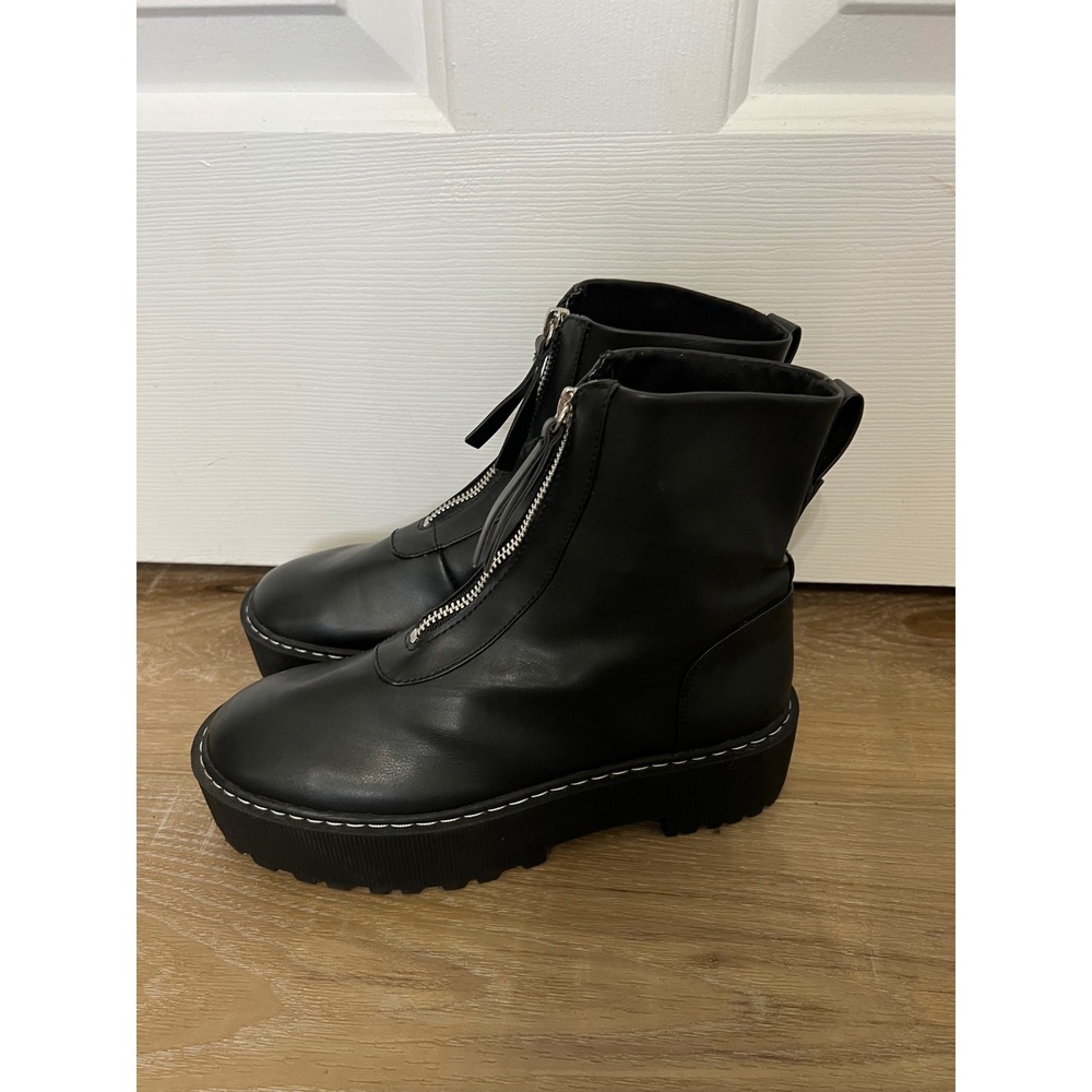 H&M Divided Black Front Zip Platform Lug Sole Ankle Boots Women Size 37 US 6-6.5